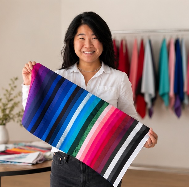 Sheree holding a rainbow color drape